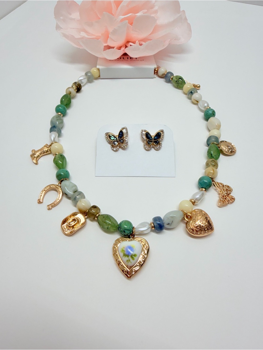 Green Beaded Charm Necklace with Butterfly Earrings Genuine ABALONE